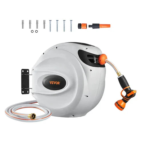 Auto-Rewind Wall-Mounted Hose Reel: One-Touch Retraction for Easy Gardening & Cleaning